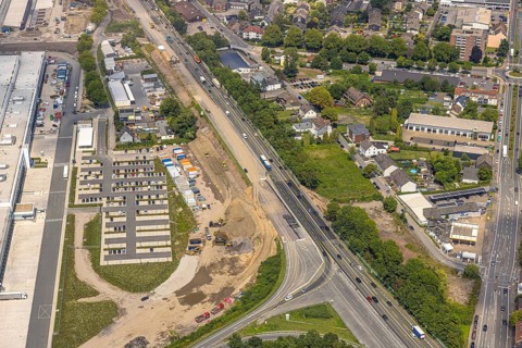 Aerial view, large construction site motorway junction Herne with tunnel construction, motorway A43