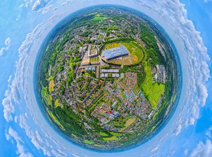 Residential area local view Sodingen with academy Mont-Cenis and tree avenue circle, globe, fisheye