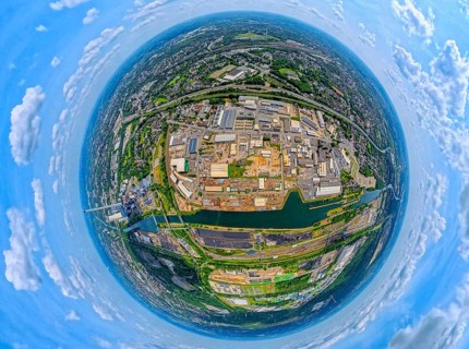 Industrial area Heerstraße Crange at the Rhine-Herne Canal and motorway A42, globe, fisheye image,