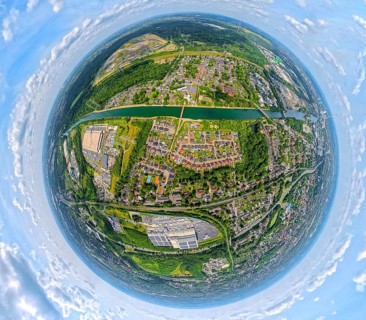 Rhine-Herne Canal and Artists' Colliery Unser Fritz 2/3 Venue, Earth globe, fisheye image, fisheye
