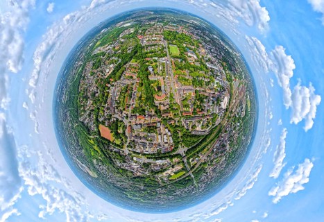 Residential area local view Herne-Eickel at Schlachthofstraße, earth globe, fisheye shot, 360