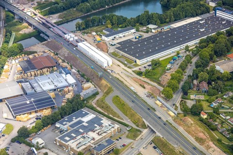 Aerial view, large construction site motorway junction Herne with tunnel construction, motorway A43