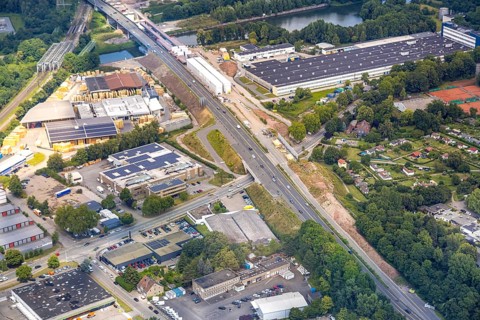 Aerial view, large construction site motorway junction Herne with tunnel construction, motorway A43