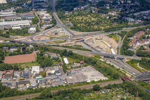 Aerial view, large construction site motorway junction Herne with tunnel construction, motorway A43
