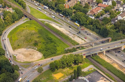Aerial view, large construction site motorway junction Herne with tunnel construction, motorway A43