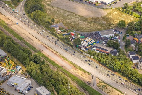 Aerial view, large construction site motorway junction Herne with tunnel construction, motorway A43