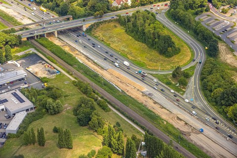Aerial view, large construction site motorway junction Herne with tunnel construction, motorway A43