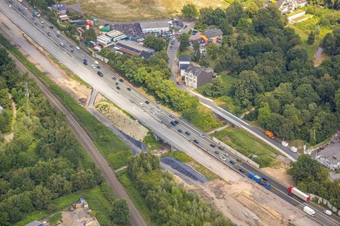 Aerial view, large construction site motorway junction Herne with tunnel construction, motorway A43