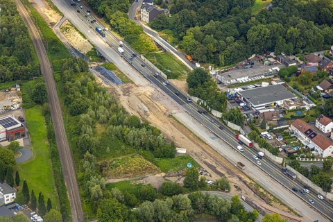 Aerial view, large construction site motorway junction Herne with tunnel construction, motorway A43