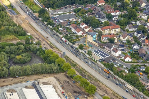 Aerial view, large construction site motorway junction Herne with tunnel construction, motorway A43