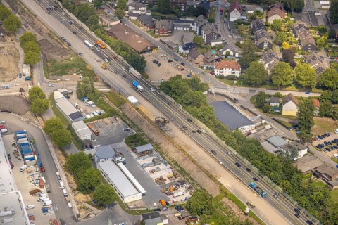 Aerial view, large construction site motorway junction Herne with tunnel construction, motorway A43