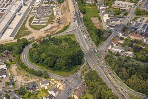 Aerial view, large construction site motorway junction Herne with tunnel construction, motorway A43
