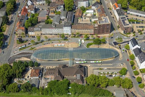 Aerial view, bus station with futuristic roof at Konrad-Adenauer-Platz, Herne main station, Baukau,