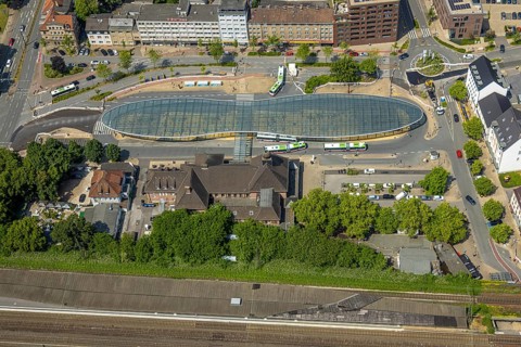 Aerial view, bus station with futuristic roof at Konrad-Adenauer-Platz, Herne main station, Baukau,