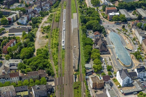 Aerial view, bus station with futuristic roof at Konrad-Adenauer-Platz, Herne main station, Baukau,