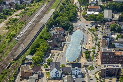Aerial view, bus station with futuristic roof at Konrad-Adenauer-Platz, Herne main station, Baukau,