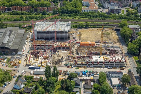 Aerial view, construction site and demolition work for new FunkenbergQuartier between Baumstraße