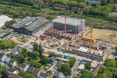 Aerial view, construction site and demolition work for new FunkenbergQuartier between Baumstraße