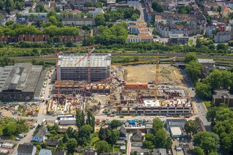 Aerial view, construction site and demolition work for new FunkenbergQuartier between Baumstraße