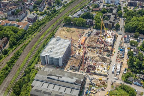 Aerial view, construction site and demolition work for new FunkenbergQuartier between Baumstraße