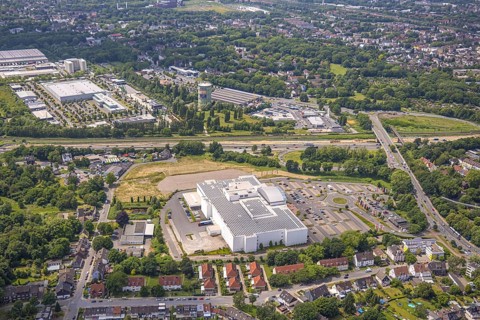 Aerial view, construction site industrial estate HER-BO at the motorway A43 exit Bochum-Riemke,