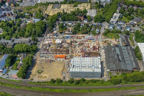 Aerial view, construction site and demolition work for new FunkenbergQuartier between Baumstraße
