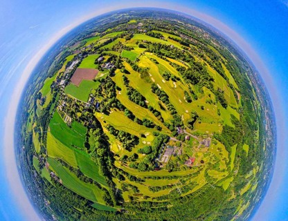 Aerial view, golf course golf club Essen-Heidhausen, forest area Langenhorster forest with meadows