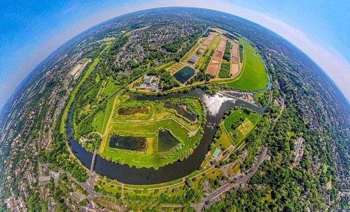 Aerial view, waterworks Wassergewinnung Essen GmbH on the river Ruhr with Ruhrbogen Überruhr, earth