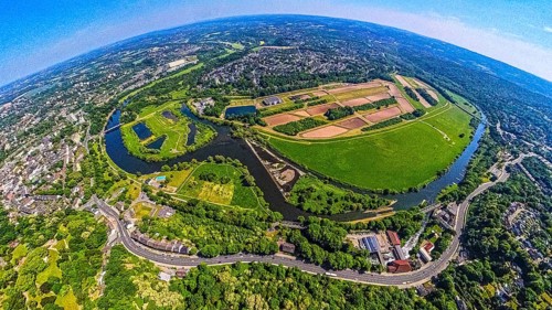Aerial view, waterworks Wassergewinnung Essen GmbH on the river Ruhr with Ruhrbogen Überruhr, earth