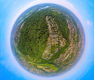 Aerial view, Schellenberg forest with housing estate, earth globe, fisheye image, 360 degree image,