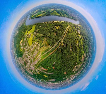 Aerial view, city forest between motorway A52 and Lake Baldeney, railway line and local recreation