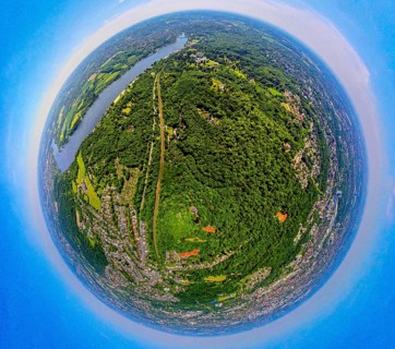 Aerial view, city forest between motorway A52 and Lake Baldeney, railway line and local recreation