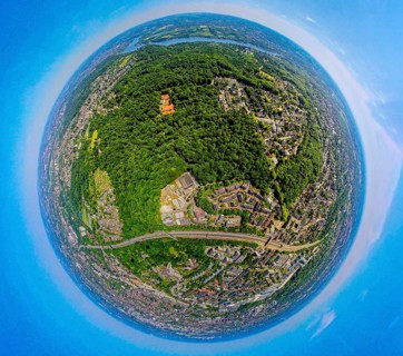 Aerial view, city forest between motorway A52 and Lake Baldeney, local recreation area, earth