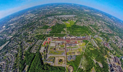 Aerial view, coking plant Zeche Zollverein, UNESCO World Heritage Site, earth globe, fisheye image,