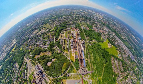 Aerial view, coking plant Zeche Zollverein, UNESCO World Heritage Site, earth globe, fisheye image,
