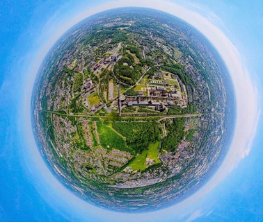 Aerial view, coking plant Zeche Zollverein, UNESCO World Heritage Site, earth globe, fisheye image,