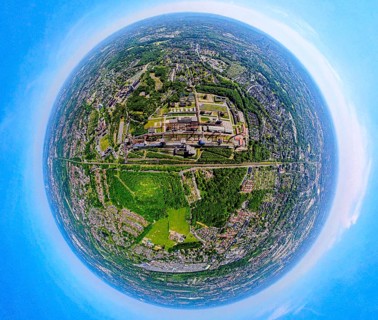 Aerial view, coking plant Zeche Zollverein, UNESCO World Heritage Site, earth globe, fisheye image,