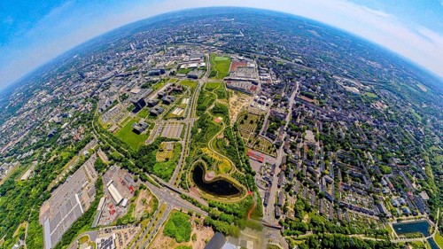 Aerial view, ThyssenKrupp headquarters, Krupppark with open-air theatre and lake, globe, fisheye