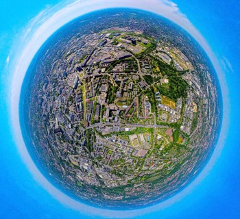 Aerial view, University of Duisburg-Essen UDE in the city centre, earth globe, fisheye image, 360