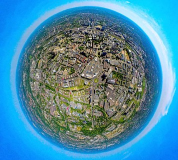 Aerial view, business district city and shopping centre Limbecker Platz, globe, fisheye image, 360