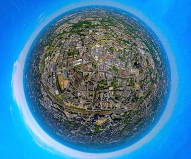Aerial view, business district city and shopping centre Limbecker Platz, globe, fisheye image, 360