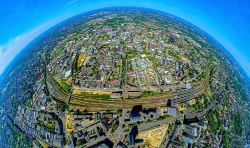 Aerial view, city centre of Essen with central station and Limbecker Platz, below Campus Essen,