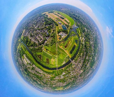 Aerial view, waterworks Wassergewinnung Essen GmbH on the river Ruhr with Ruhrbogen Überruhr, earth