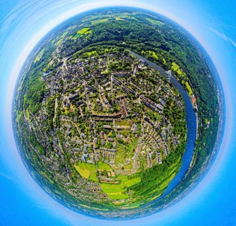 Aerial view, view of Werden district on the Ruhr river, earth globe, fisheye image, 360 degree