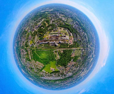Aerial view, coking plant Zeche Zollverein, UNESCO World Heritage Site, earth globe, fisheye image,