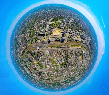 Aerial view, City Essen Mitte with shopping centre Bahnhofstraße, Campus Essen, construction site
