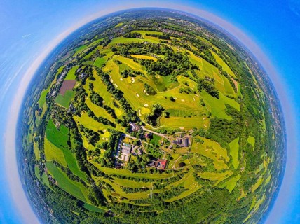 Aerial view, golf course golf club Essen-Heidhausen, forest area Langenhorster forest with meadows