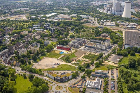 Aerial view, Kaiserquartier Herne, construction site with new residential buildings, community