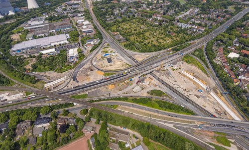 Aerial view, large construction site motorway junction Herne with tunnel construction, motorway A43