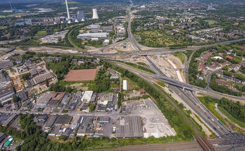 Aerial view, large construction site motorway junction Herne with tunnel construction, motorway A43